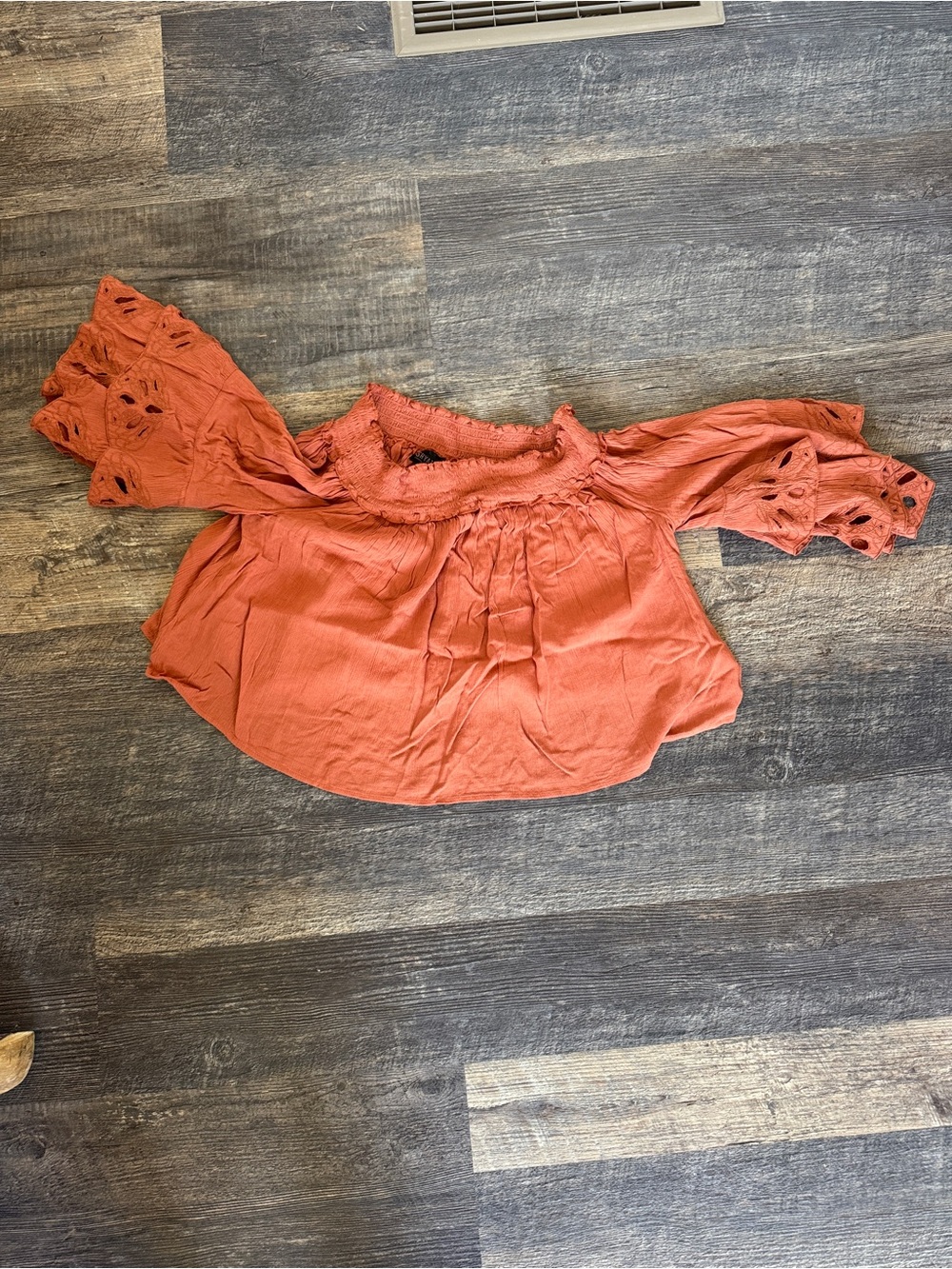 Shyanne Rust Orange/coral off the-Shoulder Eyelet Sleeve Women’s Top